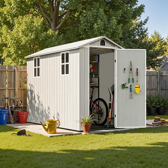 Patiowell 4 x 8 FT Plastic Outdoor Storage Shed with Floor, Garden Tool Resin Storage Shed with Two Windows and Single Lockable Door for Garden, Backyard, Lawn, Easy to Install, Light Grey