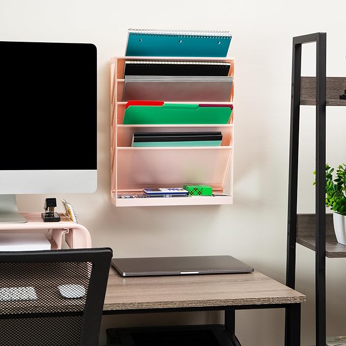 Mind Reader 5-Tier Vertical File Storage, Desktop Organizer, Wall Mount, Office, Plastic, 13"L x 4.25"W x 16"H, Pink
