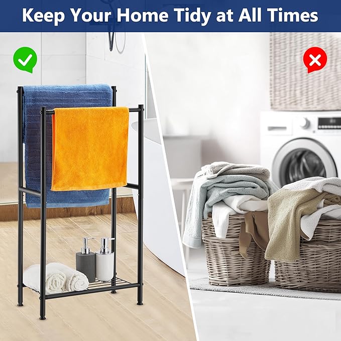 Free Standing Towel Rack, 2 Tier Towel Racks for Bathroom with Storage Shelves, Modern Outdoor Standing Towel Drying Rack for Poolside, Black Blanket Rack Holder, DECLUTTR