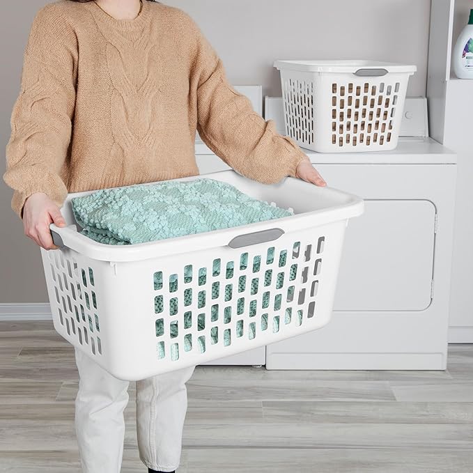 Sterilite Laundry Basket, Plastic Clothes Hamper, Large Rectangle Bin with Comfort Grip Handles and Reinforced Rim, 2 Bushel Capacity, White, 6 Pack