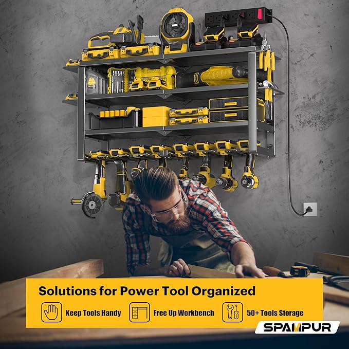 Large Power Tool Organizer Wall Mount, 4-Tier Rack with Charging Station & 8 Drill Holders, Garage Workshop Tool Storage, Gift for Husband/Dad