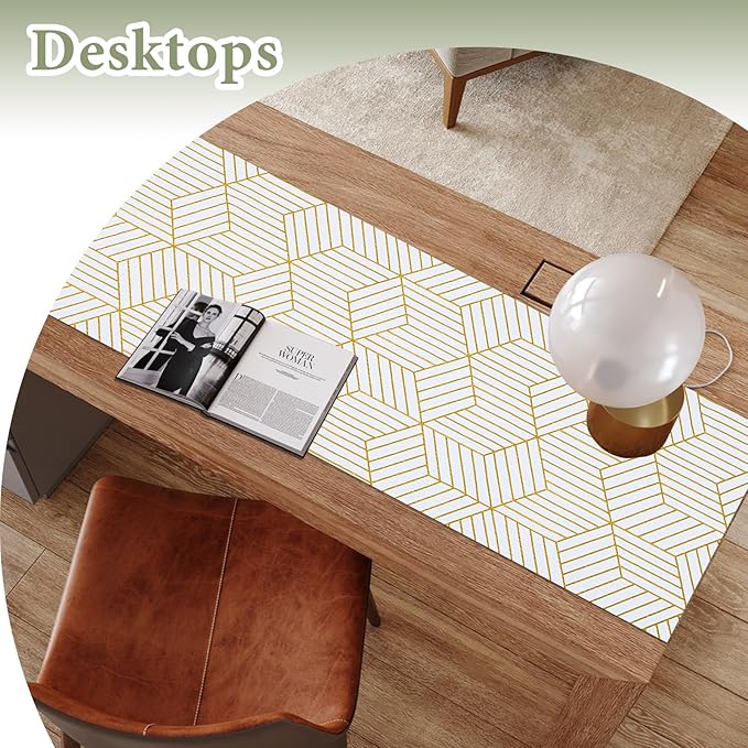 Shelf Liners for Kitchen Cabinets 17in x 40FT, Non Adhesive Cabinet Liner Strong Non-Slip Thickened Gold Geometric Drawer Liner, Easy to Clean for Shelf, Cabinet with Knife and Tape Measure