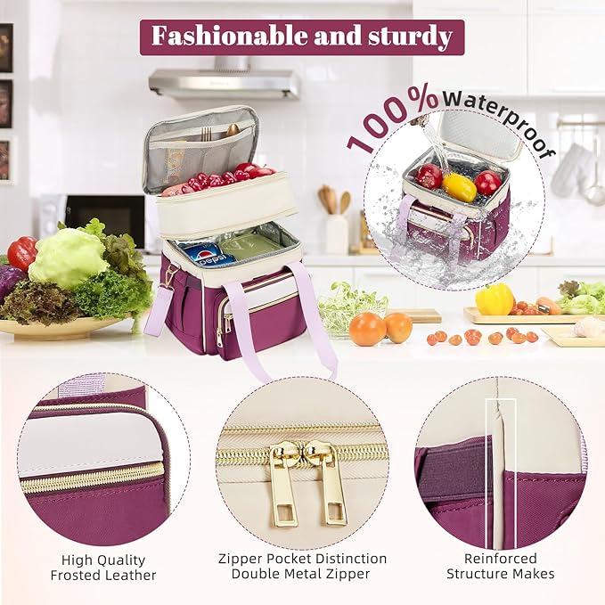 Insulated Lunch Bag & Lunch Box for Women - Double Deck Reusable Lunch Bag for men Tote Cooler Bag Leakproof Soft Expandable - Large Lunchbox for Work/Adult/Picnic/Outdoor (Light Purple，15L)