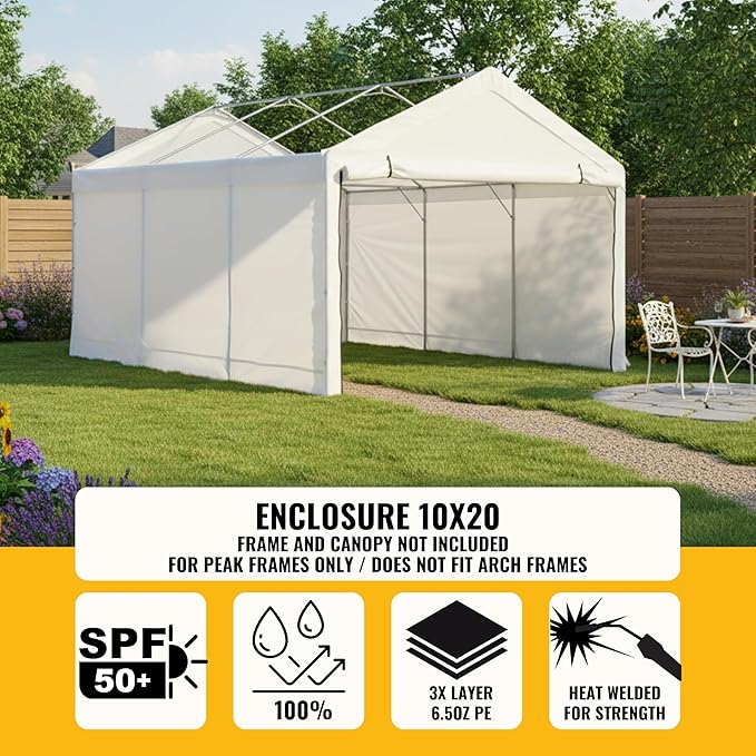 10x20 ft Carport Canopy Enclosure Kit - Heavy-Duty Waterproof Tarp with UV Protection, Easy Install Sidewalls, Back Panel and 2 Zipper Door (Frame and Canopy NOT Included)