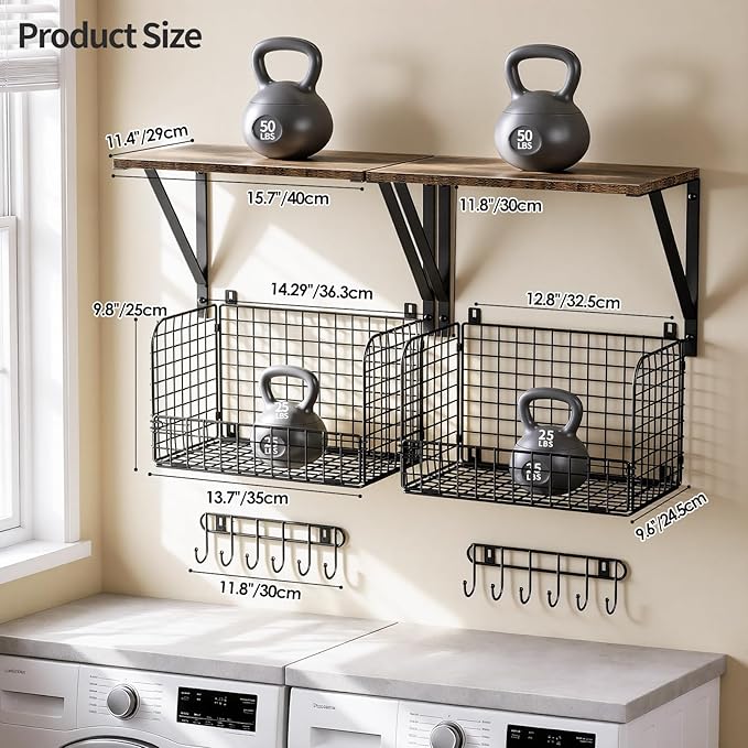 Housolution Garage Shelving Wall Mounted, Heavy-Duty Garage Wall Shelving with Baskets & Hooks Supports up to 154 LBS in Total, Tool Storage Organizer for Home, Garden, Kitchen, Laundry Room