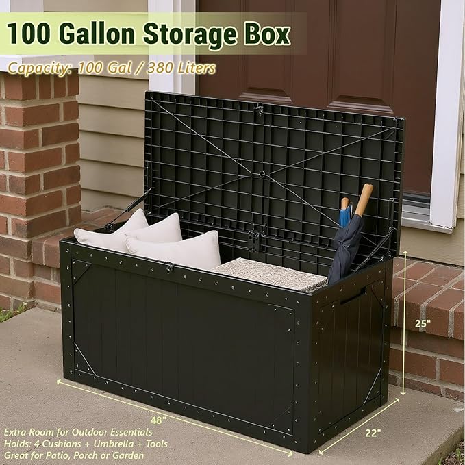 Outdoor Storage Box, 100 Gallon Resin Deck Box Waterproof for Patio Furniture, Garden Tools and Pool Accessories, Lockable UV-Resistant Storage Bin Bench Cabinet for Outside, Black