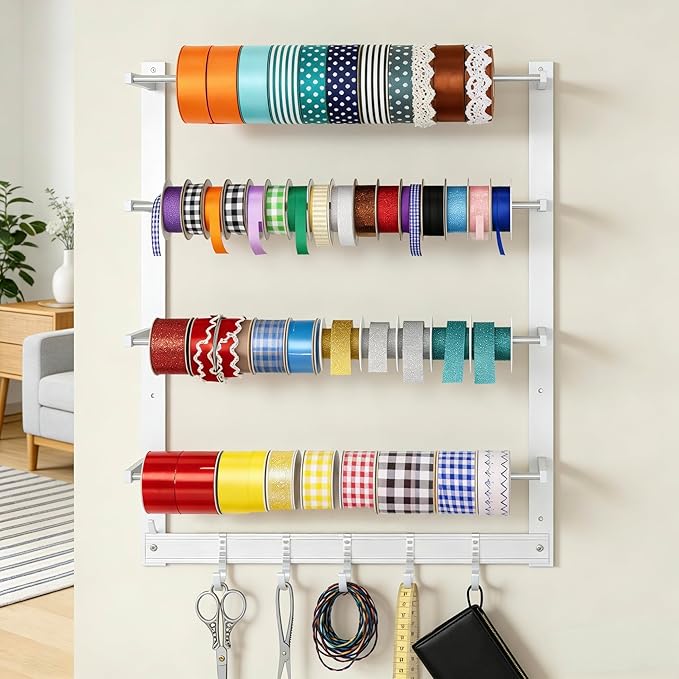 Wall-Mount Display Rack with 5 Hooks, Organizer Ribbon Holder Spool Roll Scarf &Tie Towel Storage Rack Sewing Craft Wrapping Paper Holder for Craft Room Retail Store Florist Home Bedroom