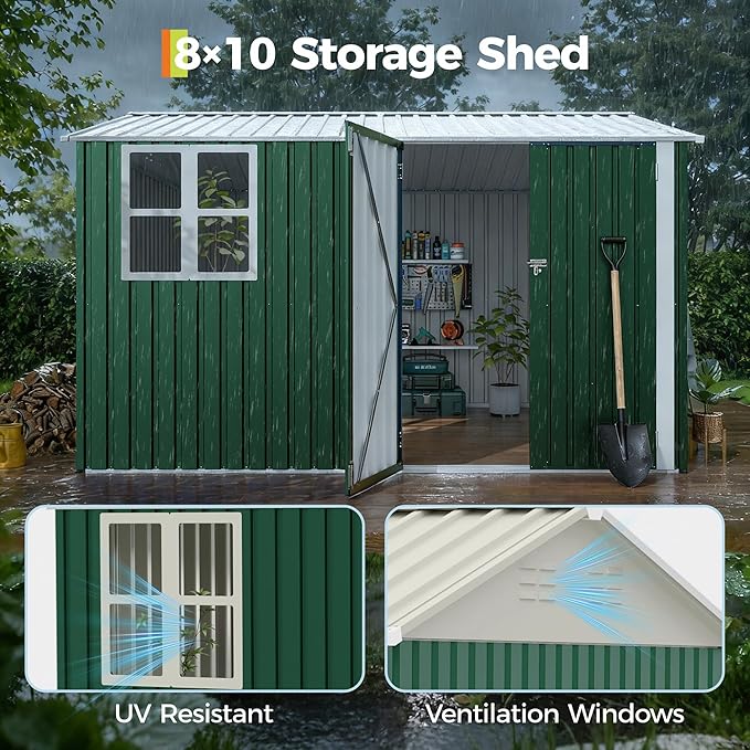 8x10 FT Outdoor Storage Shed,450CU.T Metal Tool Shed with Clear Window, Lockable Doors,Large Garden Storage Box with Sloping Roof，Sheds&Outdoor Storage for Backyard Garden Patio Lawn, Green