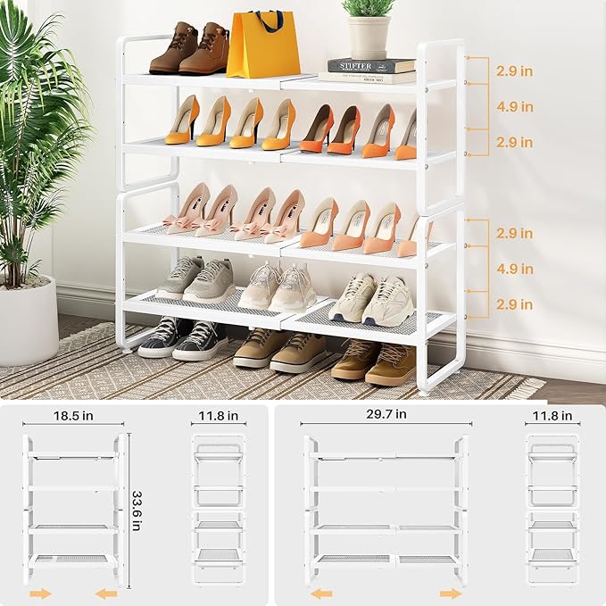 Shoe Rack - Expandable Shoe Organizer for Closet, Adjustable Metal Shoe Shelf Storage, Stackable Long Shoe Stand Holder for Garage, Entryway, Door Entrance (White, 4-Tier)
