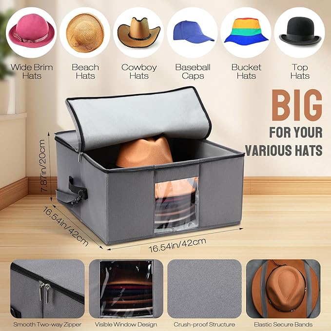 2 Pcs Hat Storage Box Upgrade Stackable Organizer with Lids Cowboy Hat Box Large Square Bag Foldable Closet Sheet Organizer Travel Container for Men Women(Grey)