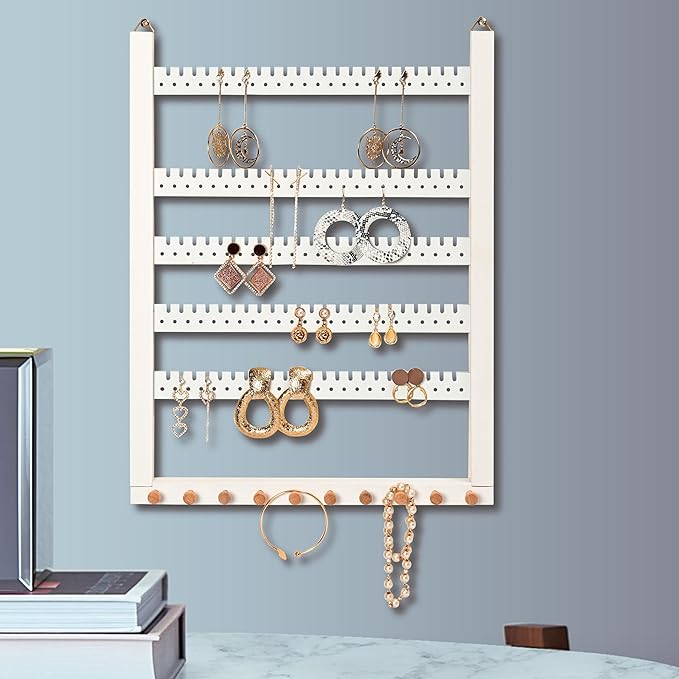 Wall Mounted Earring Organizer, Earring Holder Organizer Wall,Solid Wood Earring Hanging Jewelry Organizer and Storage, Wooden Necklace Holder, Earring Display for Studs, Dangling, Bracelet and Rings