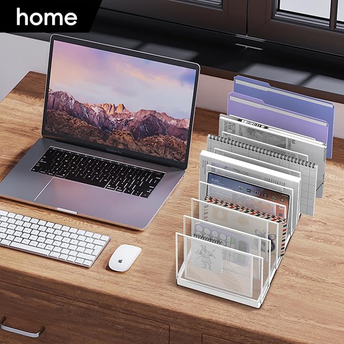 9-Section Desk File Organizer, Vertical File Holder, Mesh Desktop File Folder Metal File Organizer Stand for Office Home Classroom, White