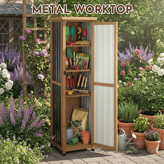 Outdoor Storage Cabinet, 62" Tall Thin Garden Cabinet with Adjustable Shelf and Weather-Resistant Design Farmhouse Accent Cupboard for Patio, Garden, Yard or Porch (18" L x 18" W x 62" H)