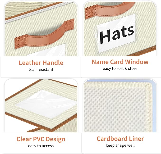 Hat Organizer for Baseball Caps - 2PCS Stackable Storage with Clear Window Lid, Flip-Top Access, Space-Saving Hat Box for Closet, Breathable Fabric (beige with brown)