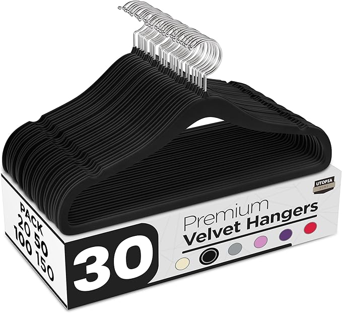 Utopia Home Velvet Hangers 30 Pack - Non-Slip Suit Hangers with 360 Degree Rotatable Hook - for Pants, Coats, Shirts & More (Black)