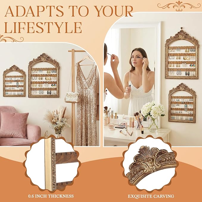 2 Pcs Wall Hanging Earring holder Organizers Vintage Arched Frame 4 Layer Wall Mounted Jewelry Holder Decorative Retro Baroque Stud Earring Display Gift (Gold,10 x 6.9'' & 13 x 9.3'')