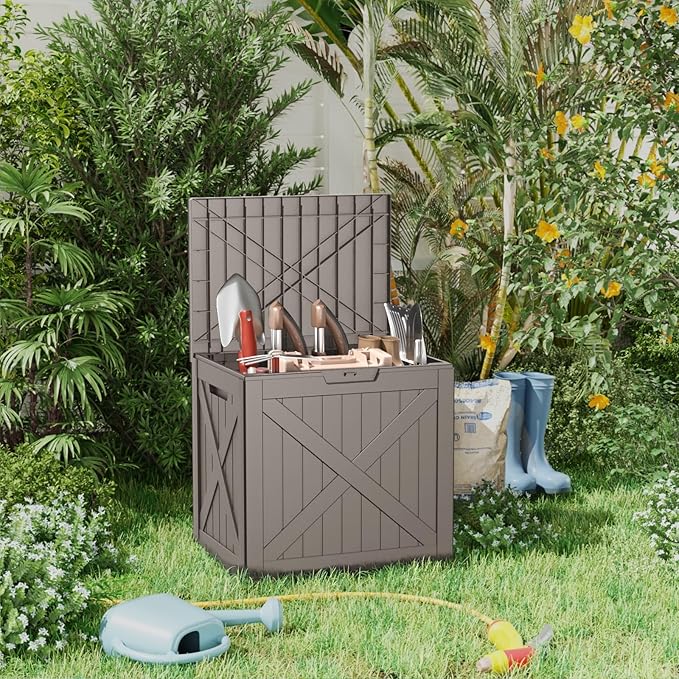 32 GallonOutdoor Storage Box,Resin Deck Boxes Waterproof, IndoorOutdoor Bin for Package Delivery, Patio Cushions, Gardening Tools, Lockable, UV Resistant
