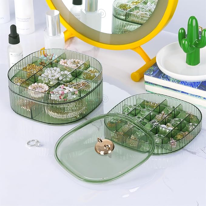 LETURE 3-Layer Acrylic Jewelry Organizer Box for Stud Earrings, Rings, Necklaces, Bracelets, Claw Clip Organizer, Small Bead Storage Containers for Crafts (Green Style2)