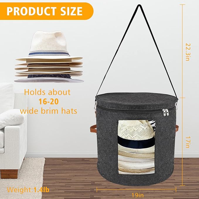 Large Hat Storage Box for Women & Men, 19" D x 17" H Oversized Hat Box Organizer，Foldable Round Travel Hat Boxes with Dustproof Lid, Stuffed Toy Storage Bin Bag (Dark Gray)