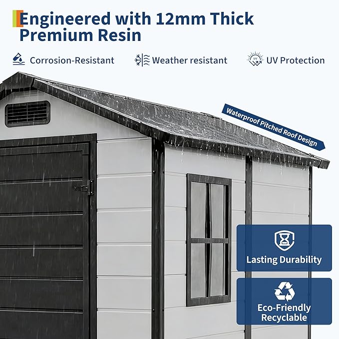 4x6 FT Outdoor Storage Shed with Floor, Plastic Resin Garden Shed with Window & Sloping Roof & Lockable Door for Patio Backyard Garden, Lawn Mower, Bike, Tool Storage
