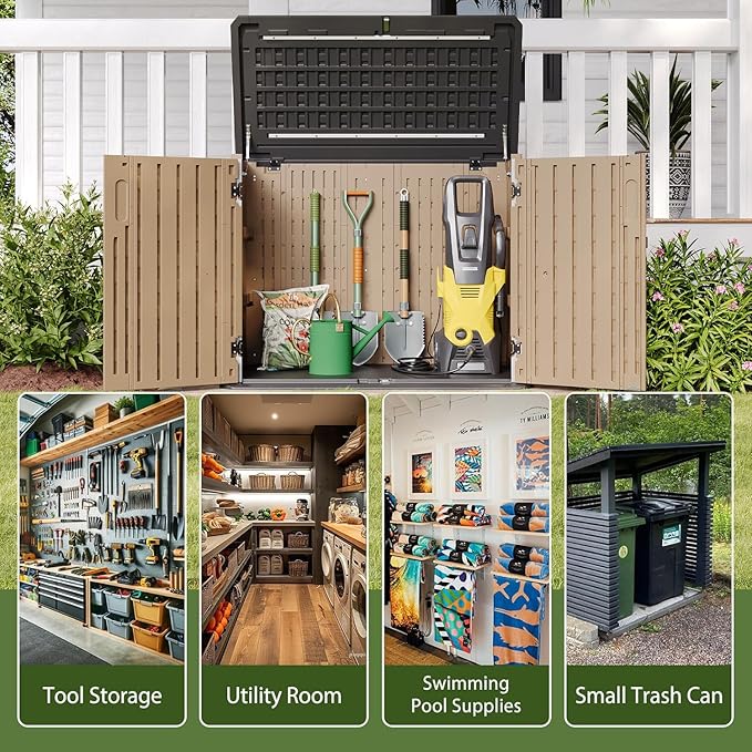 Aoxun Outdoor Storage Cabinet 35 Cu.Ft Outdoor Trash Can Storage Shed Waterproof Horizontal Storage Shed Outdoor Storage for Garbage Bin, Generator, and Lawn Mower (Brown)