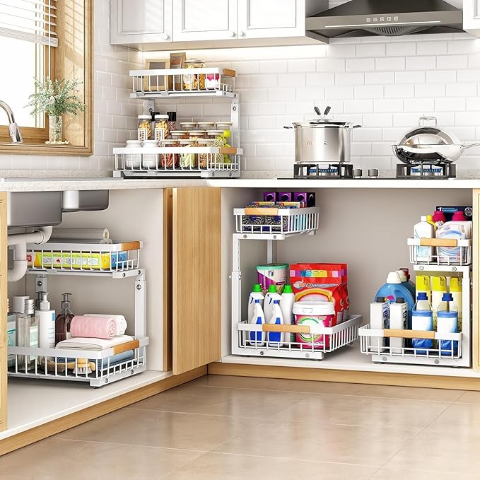 PXRACK Under Sink Organizer, Adjustable Height, 2-Pack 2 Tier Pull Out Under Cabinet Organizer, Slide Out Thickened Metal Under Sink Storage for Kitchen Bathroom Laundry Pantry Cabinet, L, White