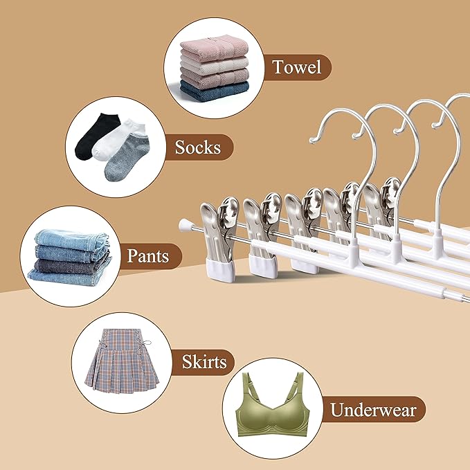 Pants Hangers with Clips 60 Pack Adjustable Skirt Hangers for Women Non-Slip Trousers Hanger for Jeans Shorts Clothes Hanger for Pants Heavy Duty Space Saving,White,12Inch