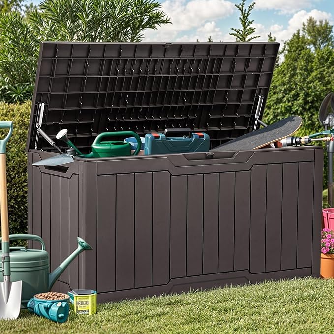 YITAHOME 80 Gallon Resin Deck Box, Weather Resistant Outdoor Storage Box, Lockable Indoor Outdoor Storage for Supplies and Essentials, Dark Brown