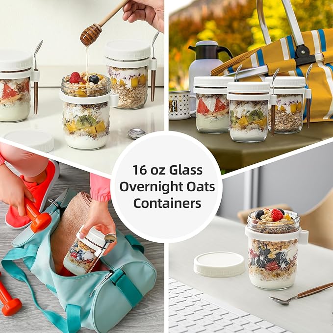6 Pack Overnight Oats Containers with Lids and Spoons, 16 oz Glass Mason Overnight Oats Jars, Large Capacity Airtight Jars for Milk, Cereal, Fruit(White)