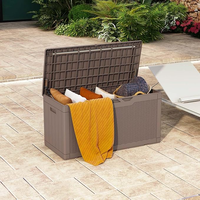Patiowell 100 Gallon Resin Deck Box with cushion, Waterproof Large Outdoor Storage Box for Patio Furniture and Garden Tools, Light Brown