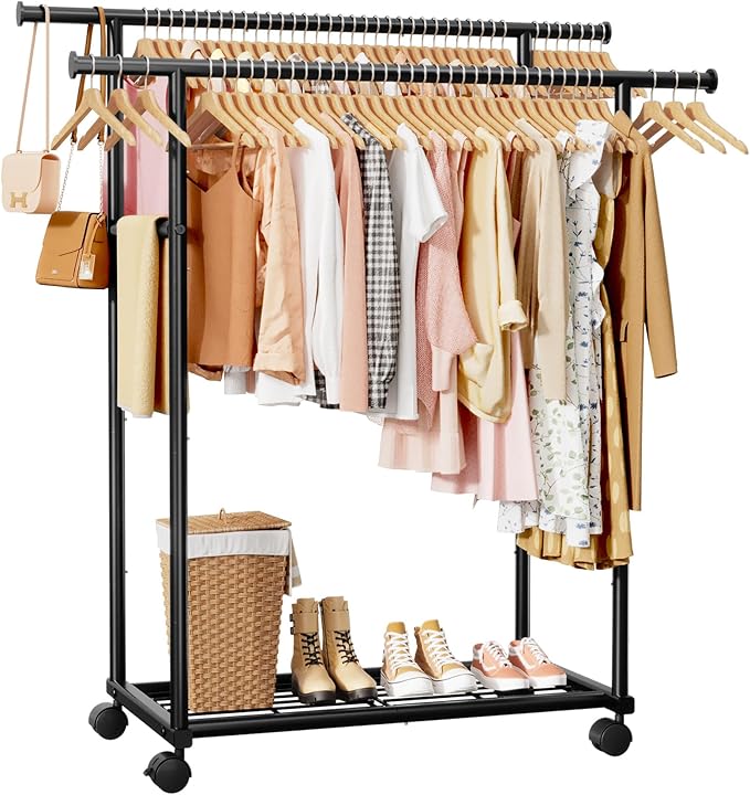Metal Clothes Rack - Double Rod Clothing Rack with Fixed Extension Rod & Universal Wheels, Coat Rack with Built-In Shelf for Closet Organizers and Storage (38.5" x 16.9" x 59.0", Black)