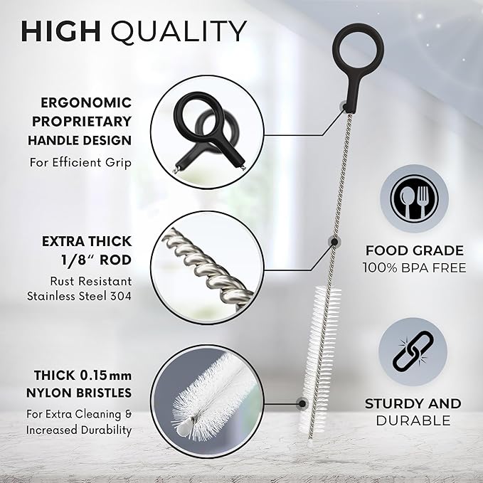 Heavy Duty Cleaning Brushes Set of 4 - Extra Long Straw Cleaners for Metal and Plastic Reusable Drinking Straws, to Clean Small Spaces, Sippy Cups, Water Bottles - Sturdy Hard Brush Bristles