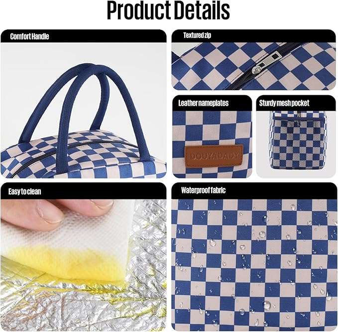 Lunch Bag Women/Men Lunch Box Women/Men (Blue+Beige Checkerboard)