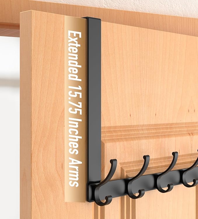 Long Over The Door Hooks Hanger with 15.75" Arms for Easier Access by Shorter, Heavy Duty Door Hanger for Coat, F16U, Fits Standard 1 3/4'' Doors, Towel Racks for Bathroom, Black