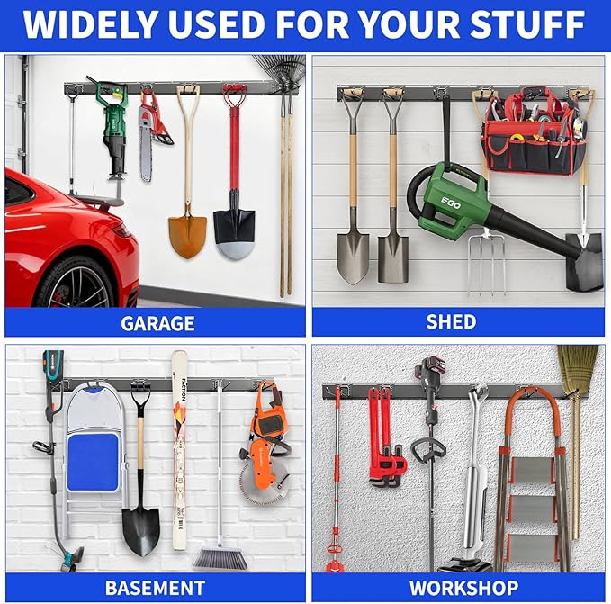 Garden Tool Organizer Wall Mount, 48inch Heavy Duty Garden Tool organizer Storage System, Easy Install With 9 Adjustable Hooks, For Garage, Basement, Shed, Workshop(Black)