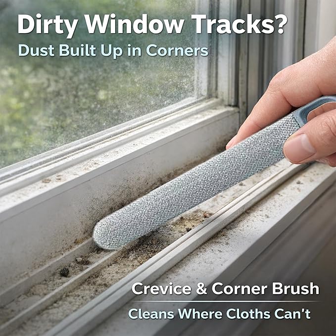 Window Screen Cleaning Brush Kit, Household Wet & Dry Cleaning Tool for Window Screens, Tracks and Frames, Includes Crevice Brush, Corner Brush, Microfiber Cloth and Hooks