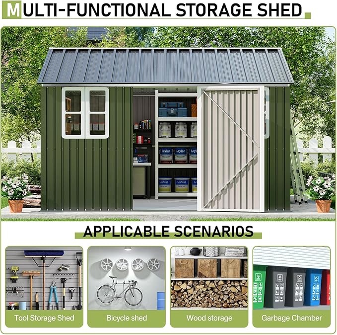 VanAcc 10 x 12FT Outdoor Storage Shed with a Lockable Hinged Door and 2 Windows, Nordic Cottage Metal Shed for Backyard, Garden, Patio, Dark Grey/White