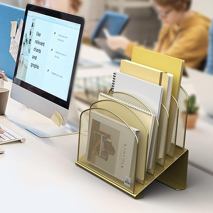 Inclined Desk File Organizer,Vertical File Folder Holder Stand Metal Rack File Sorter for Office Classroom Desktop Organization