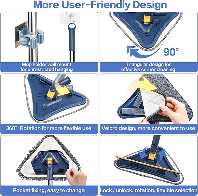 80" Wall Cleaner Mop with Long Handle, Sunoyar 5-in-1 Walls Washer for Baseboard Duster Ceiling Painted Wall, 360°Rotation Wall Cleaning Tool Kit with Squeegee Chenille Microfiber Pad Brush Scraper