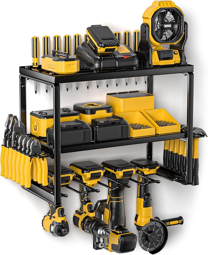 Heavy Duty Power Tool Organizer Wall Mount, 3-Layer Metal Rack with 4 Drill Holders, Garage Storage for Cordless Tools, Ultimate Christmas Gifts for Men, Husband, Dad, DIYers
