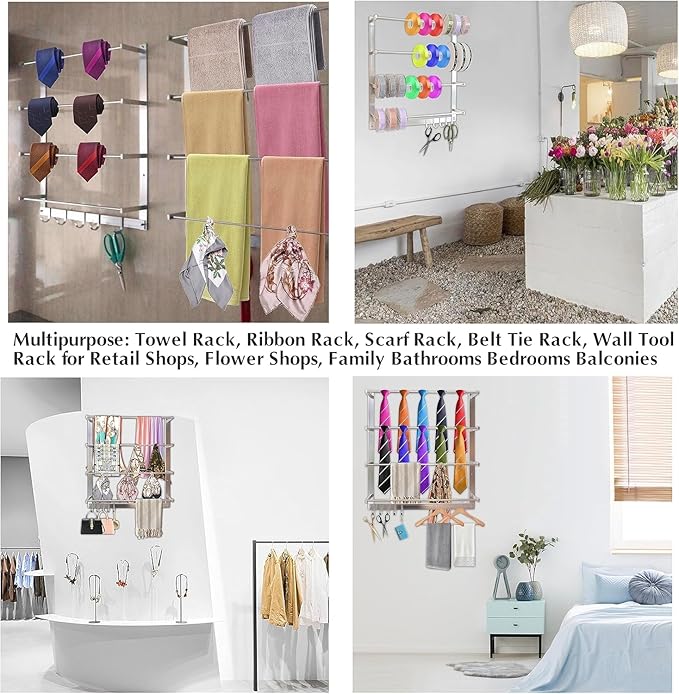 Wall-Mount Display Rack with 5 Hooks, Organizer Ribbon Holder Spool Roll Scarf &Tie Towel Storage Rack Sewing Craft Wrapping Paper Holder for Craft Room Retail Store Florist Home Bedroom