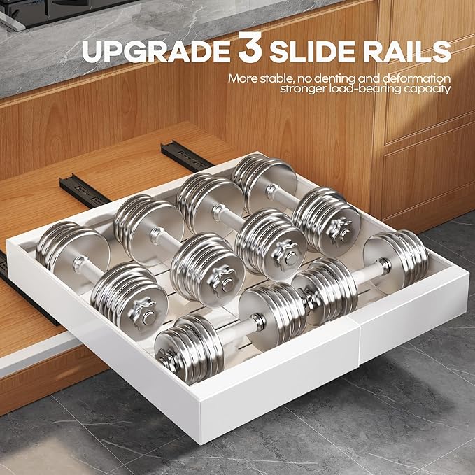 1 Pack Expandable Pull Out Cabinet Organizer 21" Deep with Raising Pad for Framed Cabinets,Upgrade 3 Slide Rails Slide Out Drawers,Roll Out Shelves Adhesive,Adjustable Width 12.05"-20.4"White