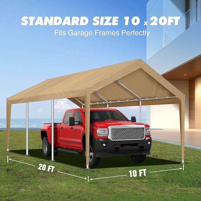 10x20FT Carport Canopy Replacement Cover Heavy Duty Waterproof & UV Protected, All Weather Car Shade Canopy with Ball Bungees (Beige, 10'x20', Frame is not Included)