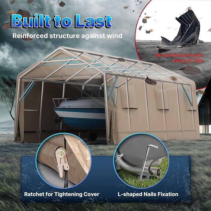 ADVANCE OUTDOOR 13x20 ft Garage Tent Carports with 2 Roll up Doors & Vents Outdoor Portable Storage Shelter for Vehicle Truck Boat Anti-UV Snow Resistant Waterproof, Beige
