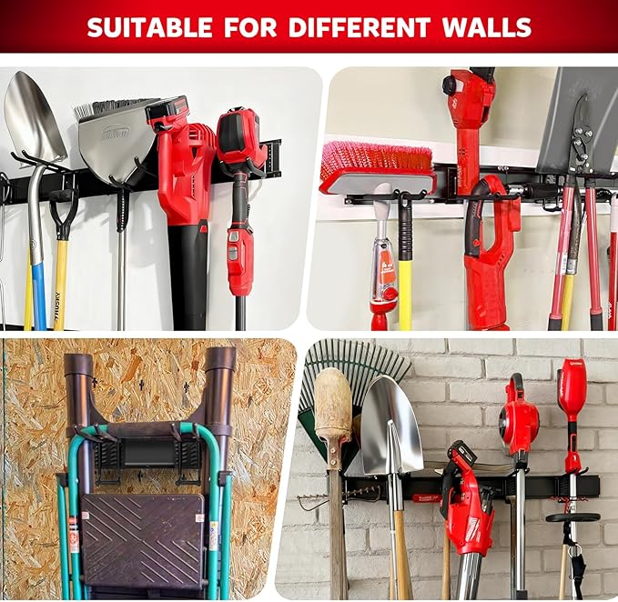 64 Inches Garage Tool Organizer Wall Mount, Tool Storage Rack Wall Mount, Heavy Duty Garden Wall Organizer System for Yard, garage and Shed, Tool Holder for Hanging Rake Snowboard Broom Mop