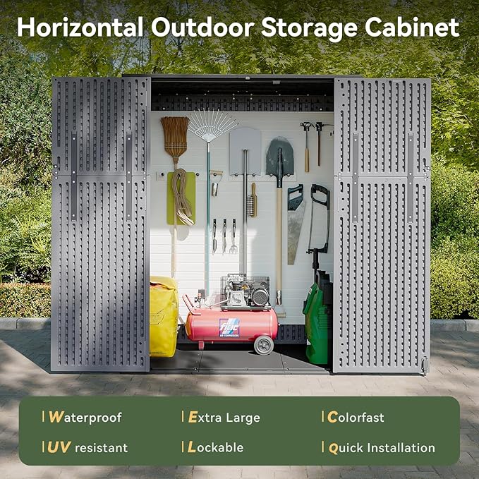 AOXUN Horizontal Storage Sheds 61 Cu.ft, HDPE Outdoor Storage Box 160 Gallon, Waterproof Lockable Resin Deck Box with Spring-Assisted Lid, Patio Storage for Garden, Pool, Cushions, Tools, Gray