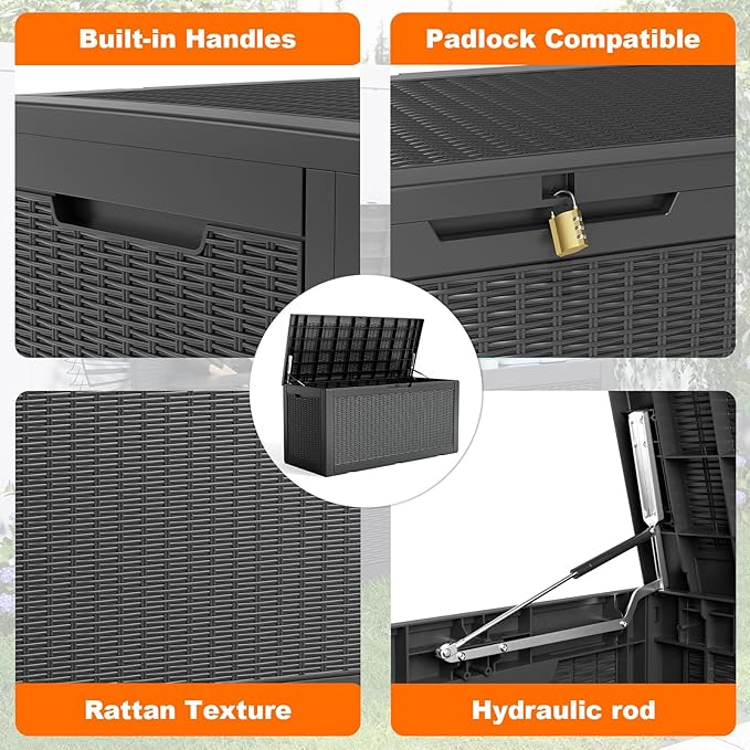 120 Gallon Resin Deck Box, Lockable Weatherproof Outdoor Storage Box for Furniture, Garden Tools and Tools Storage, Waterproof Outside Storage Boxes - Black