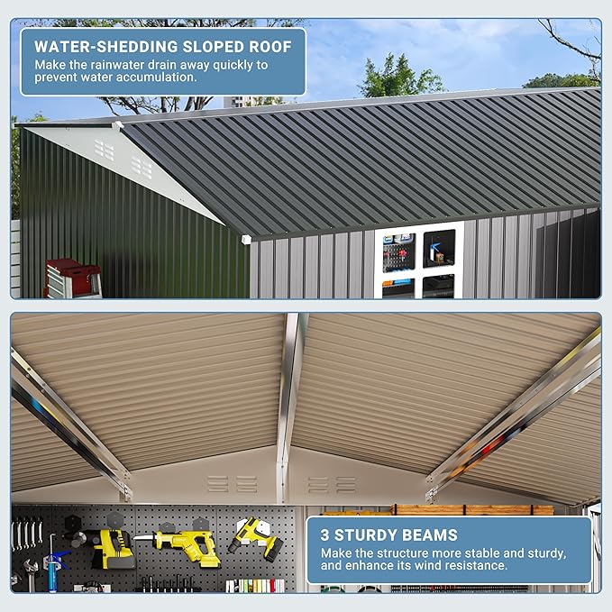 14x12 FT Outdoor Metal Storage Shed with Window, Heavy-Duty Galvanized Steel Tool Shed with Lockable Doors, Waterproof Garden Shed for Backyard, Patio, Lawn, Black