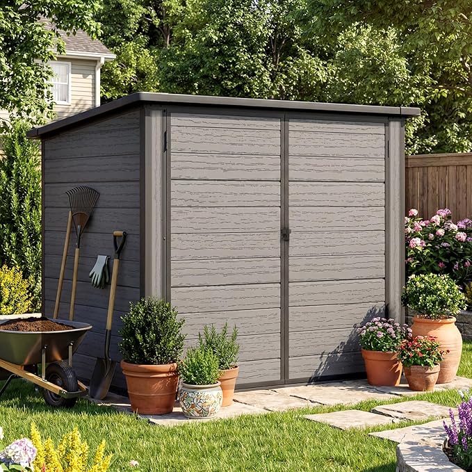 U-MAX Resin Outdoor Trash Can Storage Shed with Reinforced Floor, Plastic Garbage Can Shed for 2x64 Gal Cans, Waterproof Outdoor Horizontal Storage Box Cabinet Sheds & Outdoor Storage Clearance