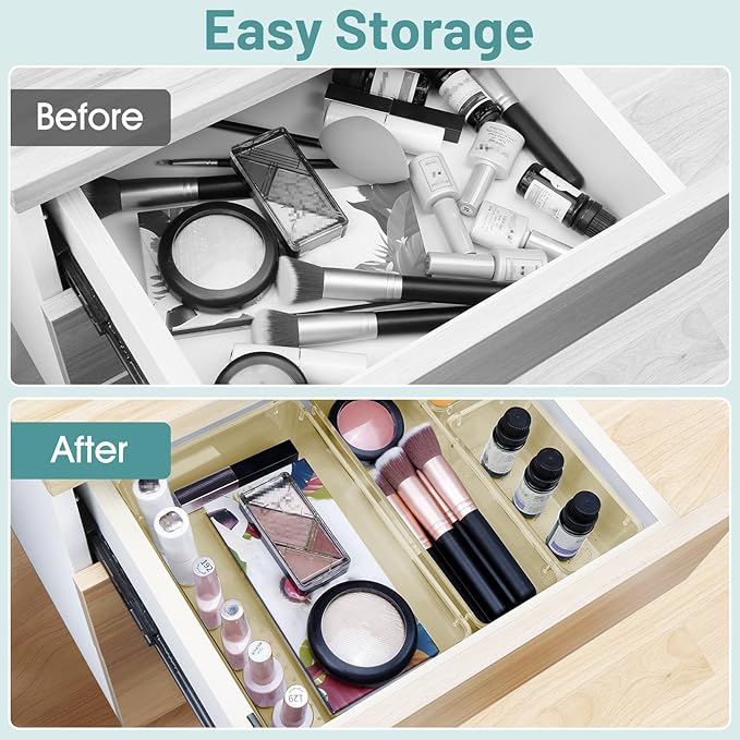 WOWBOX 25 PCS Plastic Drawer Organizer Set, 4 Sizes Desk Drawer Divider Organizers and Storage Bins for Makeup, Jewelry, Gadgets for Kitchen, Bedroom, Bathroom, Office, Clear Champagne